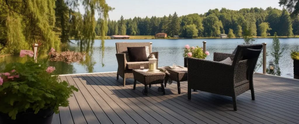 A composite deck with wicker chairs and a table overlooking a serene lake.